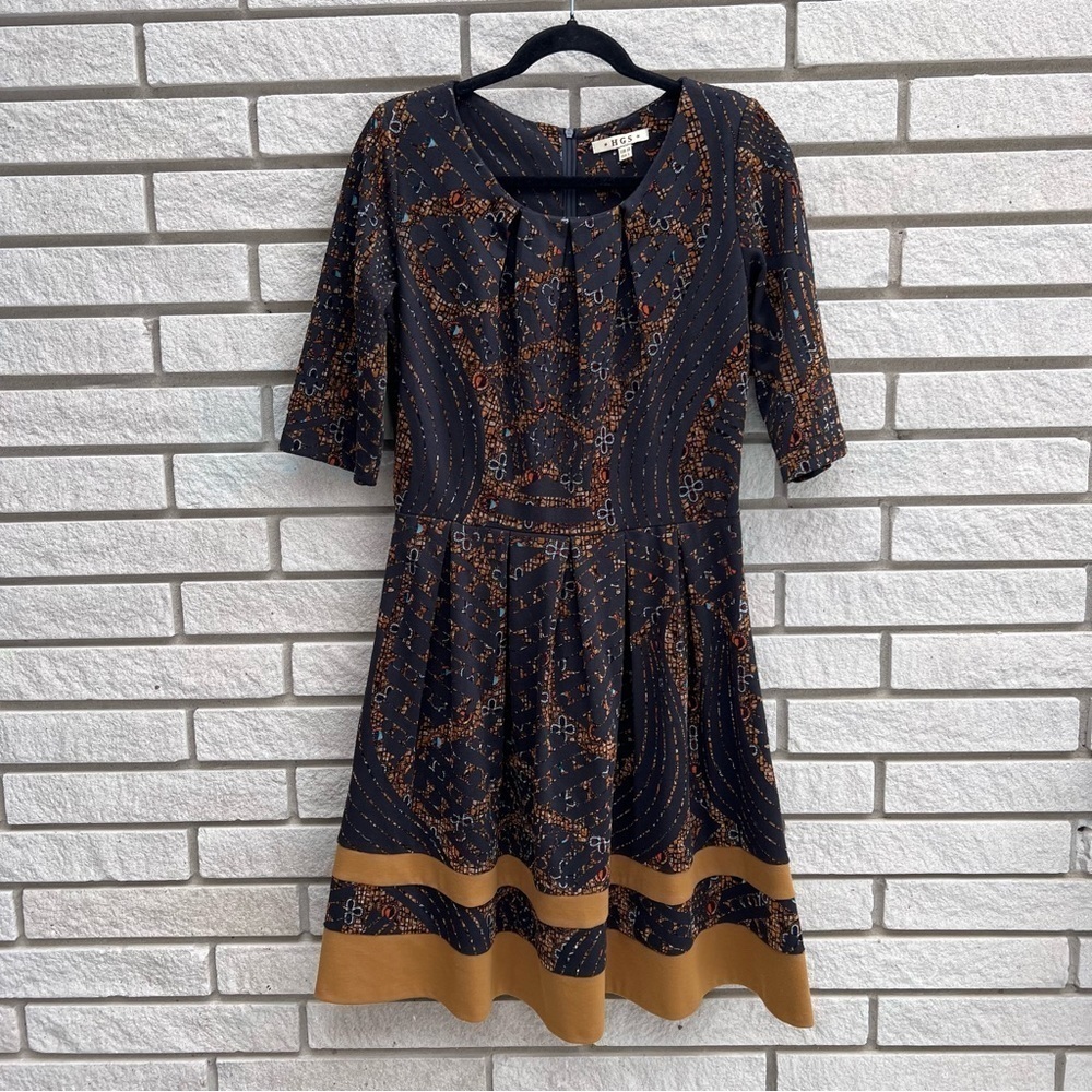 HGS Retro 50s Style Dress Pleated with Raised Velvet Pattern Sz L
